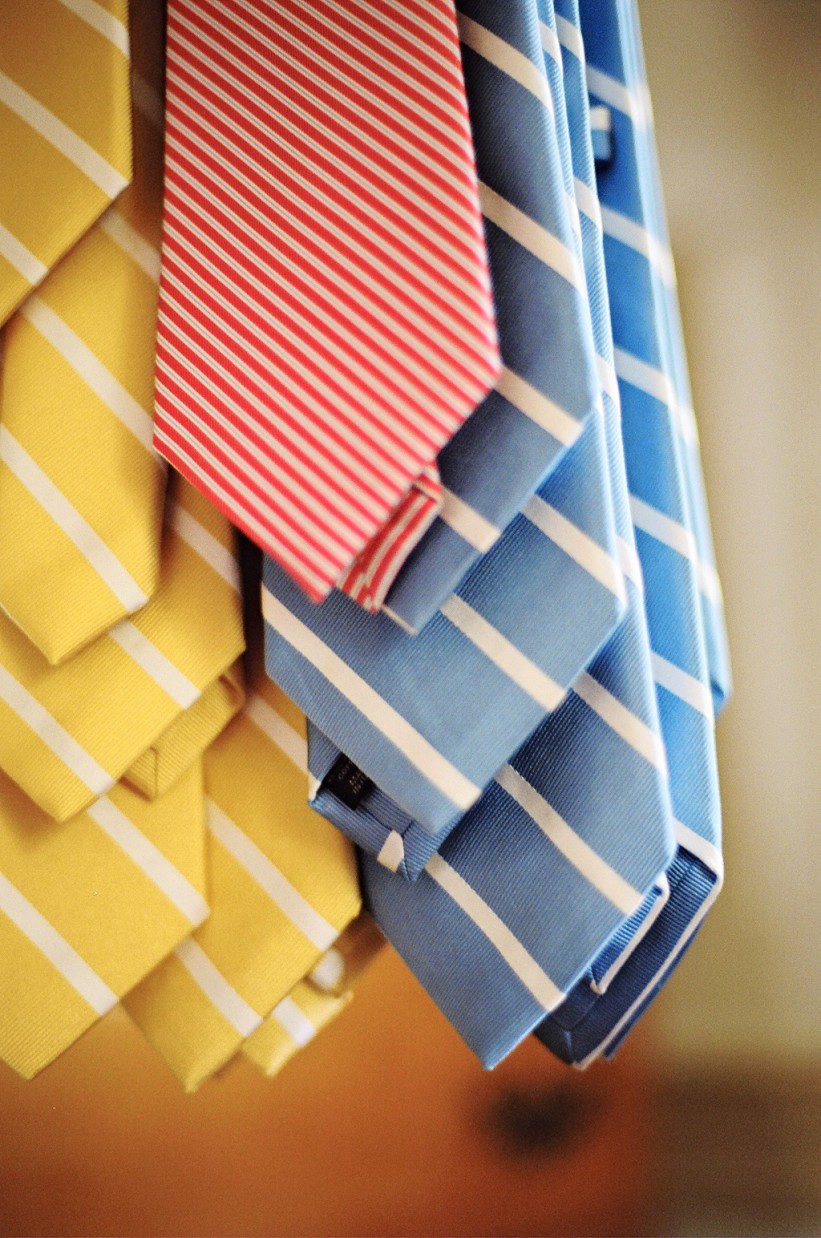 yellow striped pink polka dot and sky blue neck ties wedding attire for groomsmen
