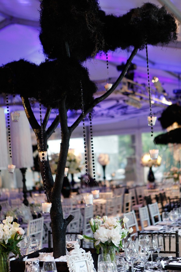 black tree event design evantine design black and white party decor purple lighting