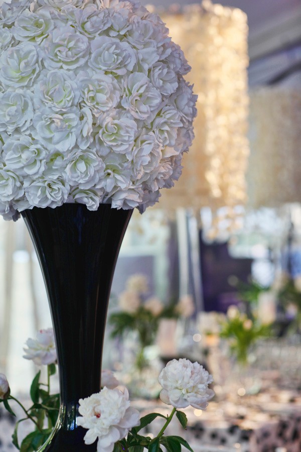 black vase white flower ball floral lamp white and black theme tented events evantine design