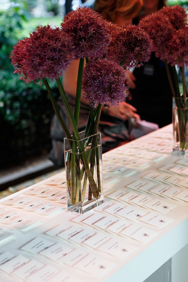 modern white table purple flowers allium dogwood place cards evantine design philadelphia parties