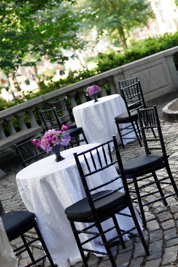 cocktail tables on patio, outdoor events, rittenhouse square, ball on the square, evantine design, black chairs