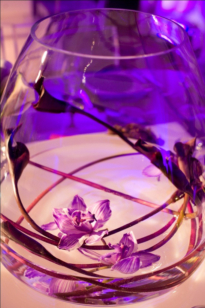 glass vase with purple orchids evantine design modern party purple lighting meadowlands michael branscom