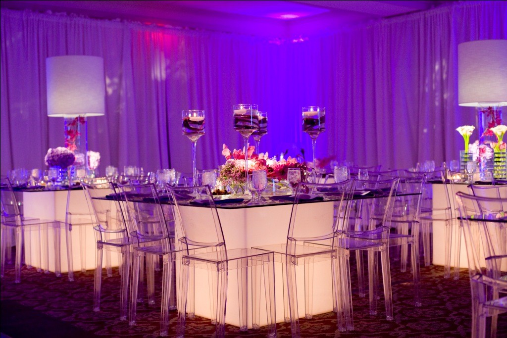 light up white glass tables purple flowers white lamps bat mitzvah evantine design