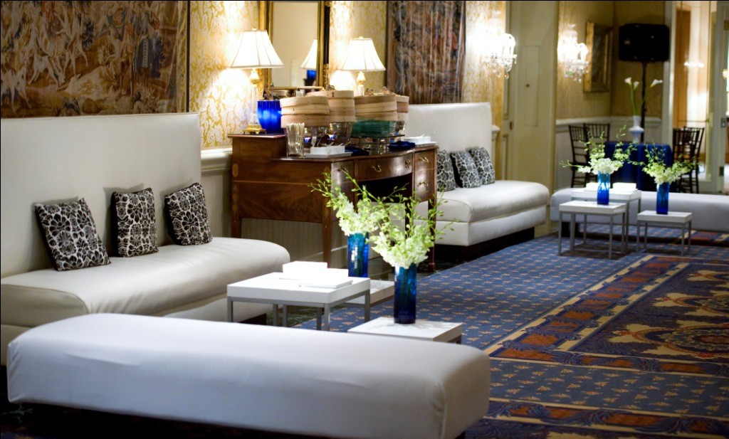 lounge area blue bar mitzvah four seasons hotel philadelphia evantine design
