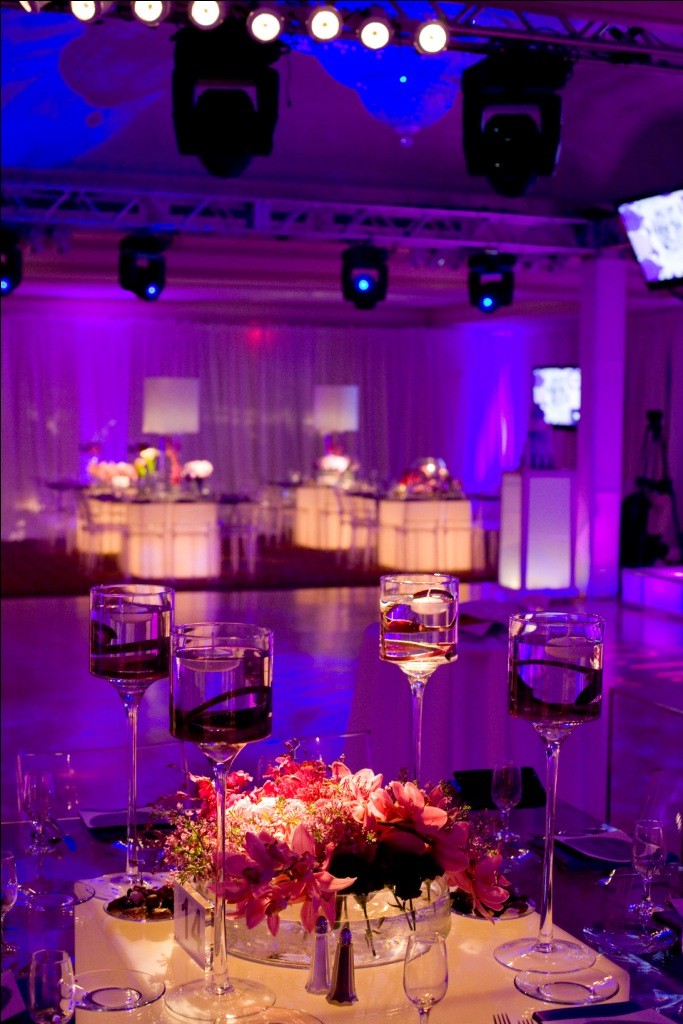 purple blue lighting bat mitzvah glass tables video screens evantined design