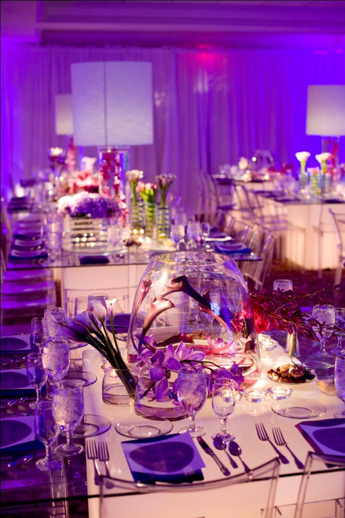 table centerpiece modern light up tables glass vases purple flowers orchids lamps evantine