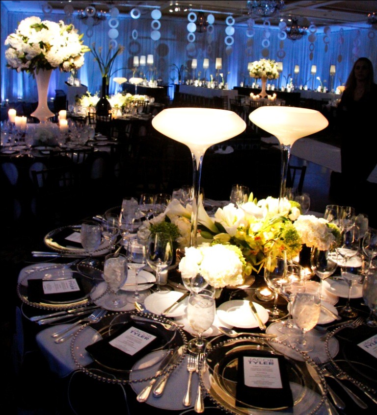 white floral centerpiece bar mitzvah blue and white theme evantine design four seasons hotel