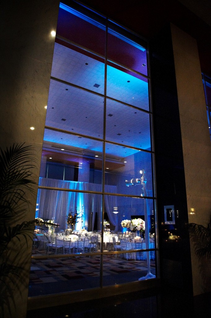 millenium ballroom blue lighting wedding decor evantine