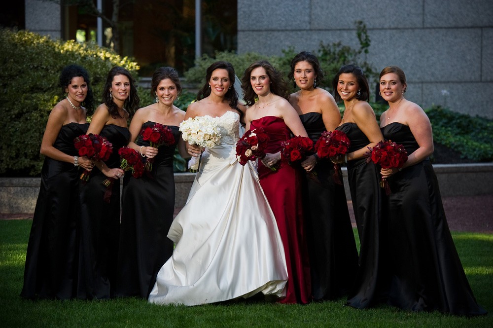 formal weddings four seasons hotel philadelphia red bridesmaids bouquets evantine design melissa paul