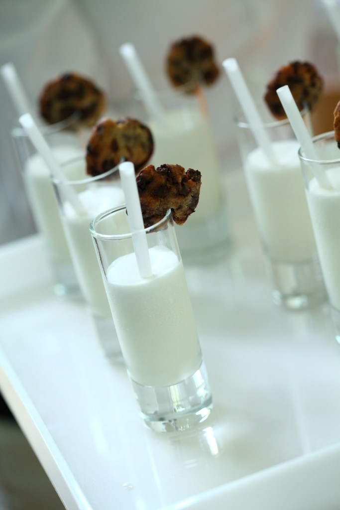 peter callahan catering mini milk and chocolate chip cookies bridal shower desserts evantine design modern bridal showers