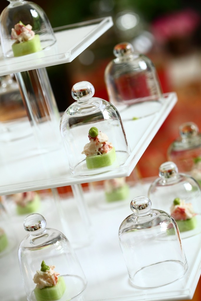 peter callahan catering lobster salad on cucumber under glass, whimsical hors doeuvres, modern party foods, evantine design, contemporary shower foods, new catering ideas, melissa paul