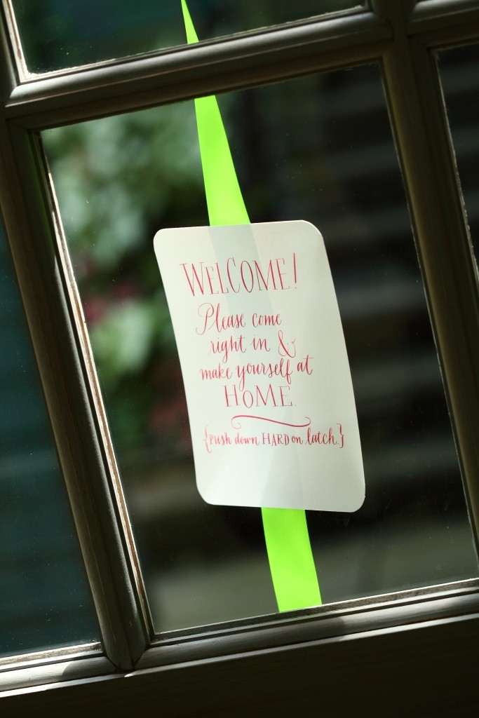 welcome to the party sign on door, modern bridal shower, leigh wells calligraphy, wedding details, philadelphia weddings, main line weddings, evantine design, melissa paul, peter callahan