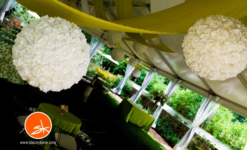 green and white fabric ceiling treatment cocktail tent summer weddings appleford estate evantine design suspended floral balls