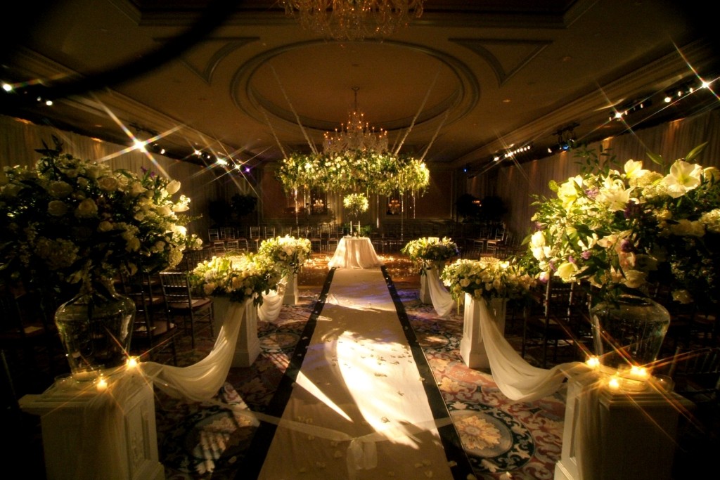 Round Suspended Chuppah with White Flowers and crystals Westin Philadelphia Evantine Design