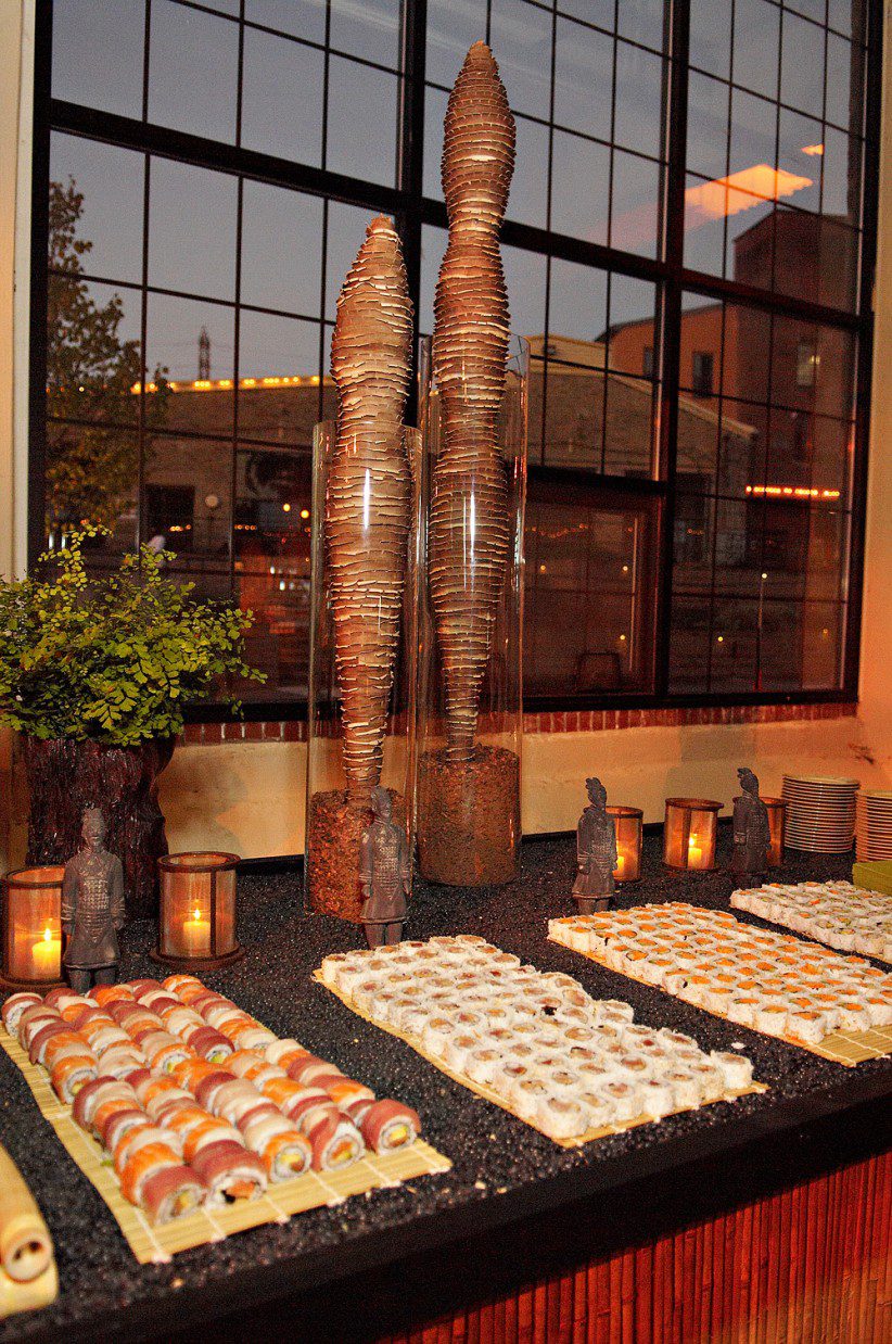 sushi stations with rocks beans and bamboo evantine design philadelphia weddings main line bar mitzvahs