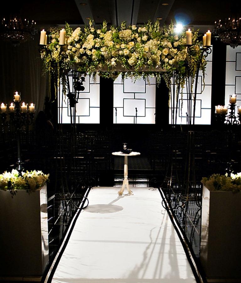 White and Green Floral Chuppah with Modern Black Backdrop Four Seasons Hotel Philadelphia Evantine Design