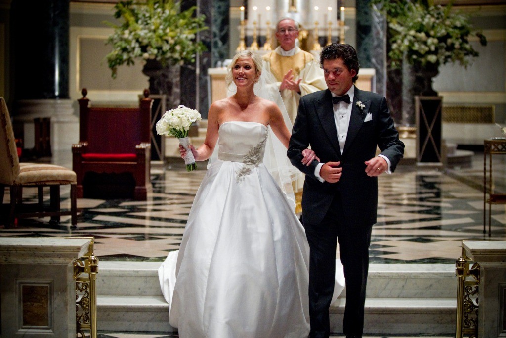 wedding-recessional-catholic-churches-philadelphia-strapless-gown-classic-wedding