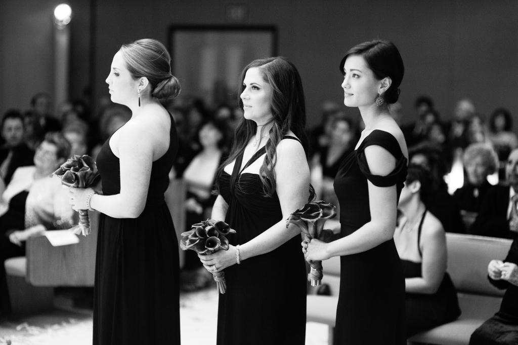 bridesmaids black gowns purple bouquets evantine design