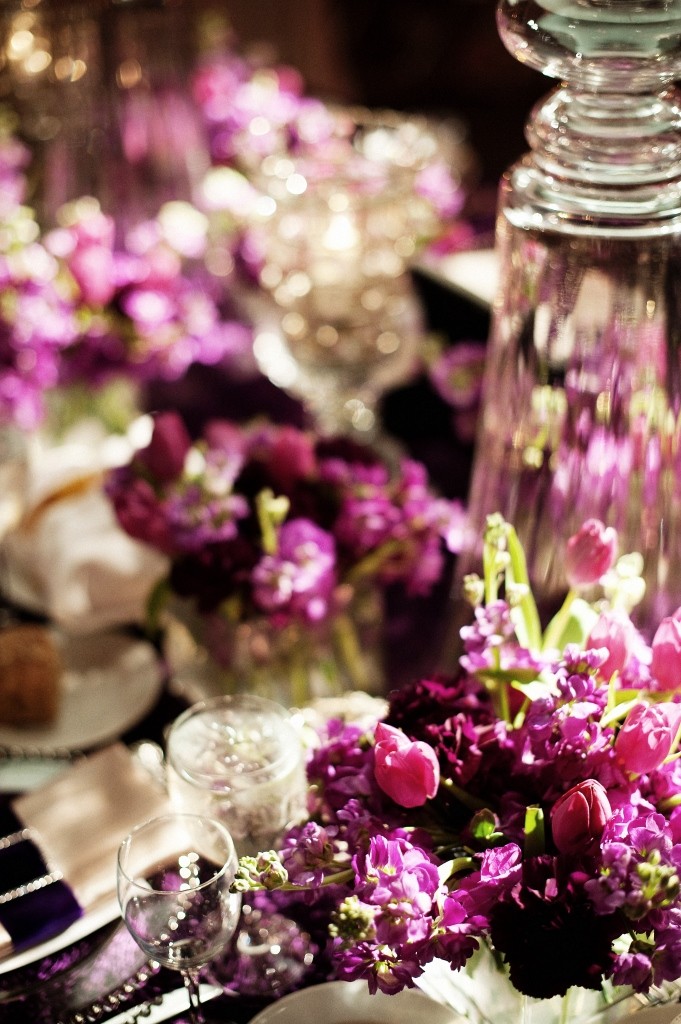 centerpieces with purple lavender magenta plum flowers crystal details evantine design