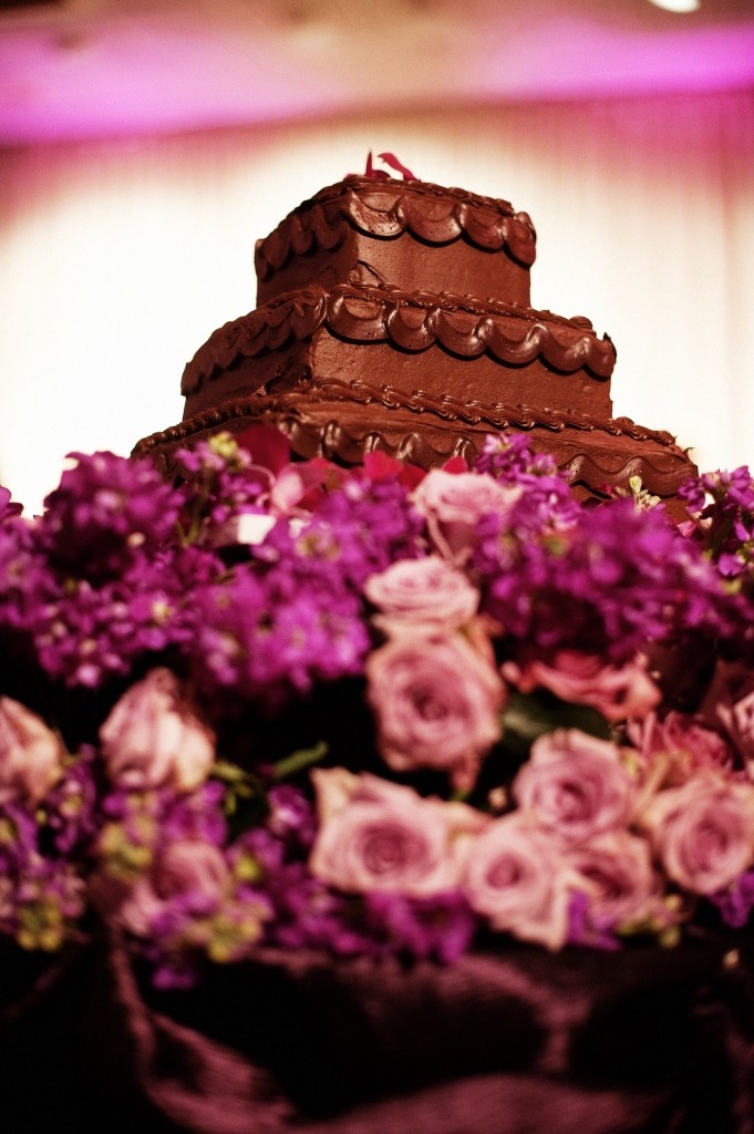 chocolate wedding cake homemade frosting purple flowers evantine design