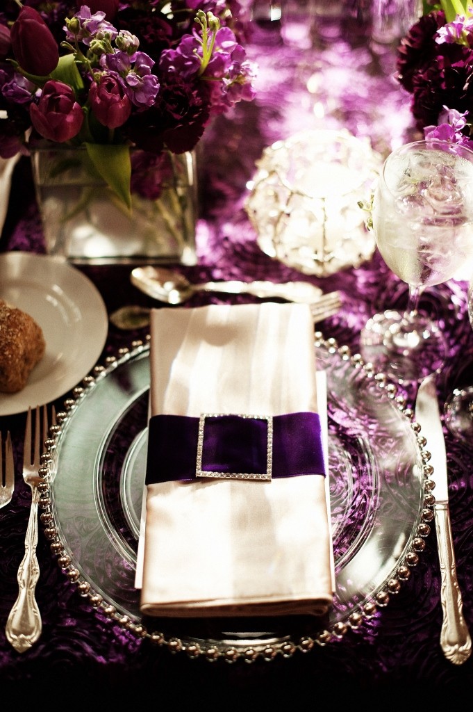 purple velvet and crystal napkins wedding place settings glamorous weddings evantine design
