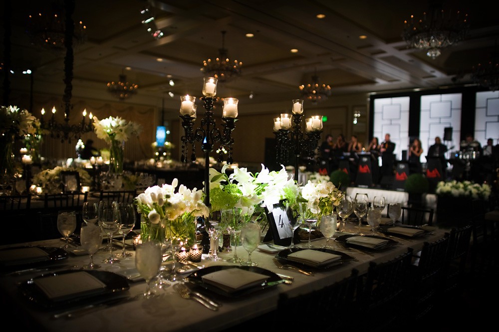modern black and white ballroom wedding black chandeliers