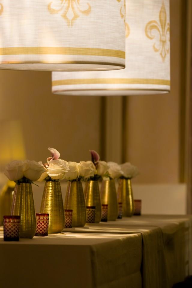 Gold Fleur de Lis Lampshades Community Table Rittenhouse Hotel Evantine Design