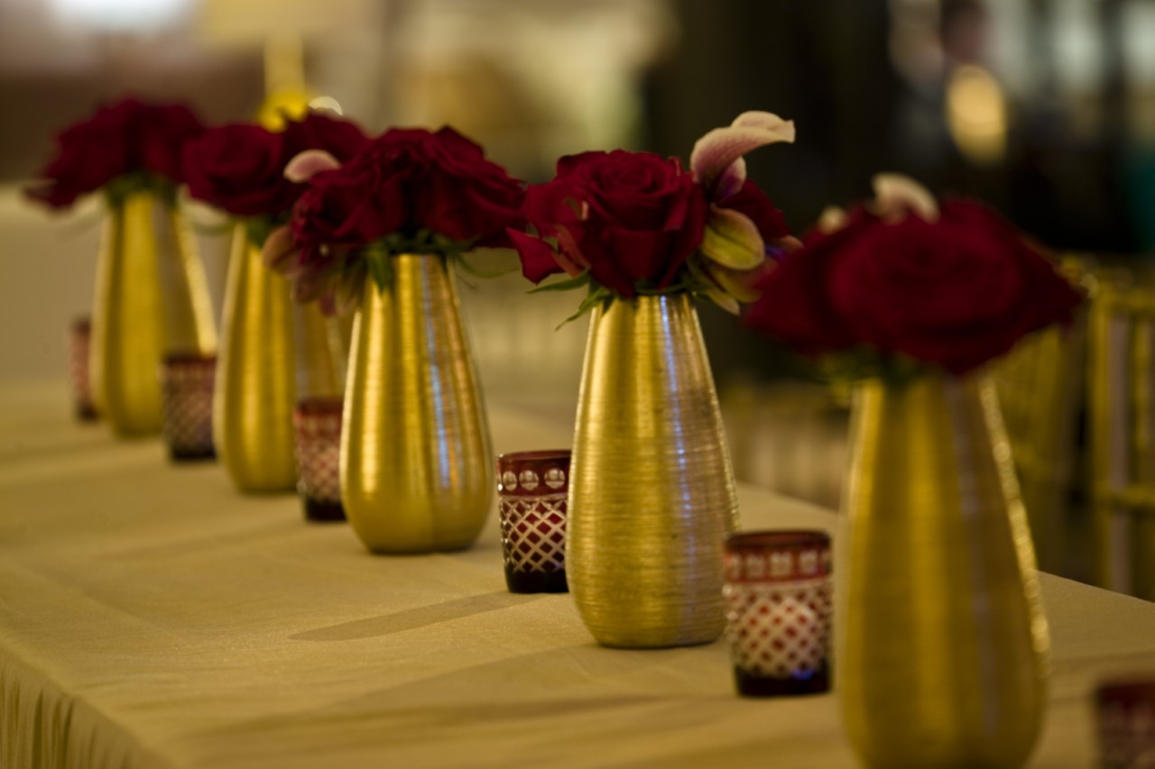 Red Roses Gold Vases Community Tables Philadelphia Event Designs