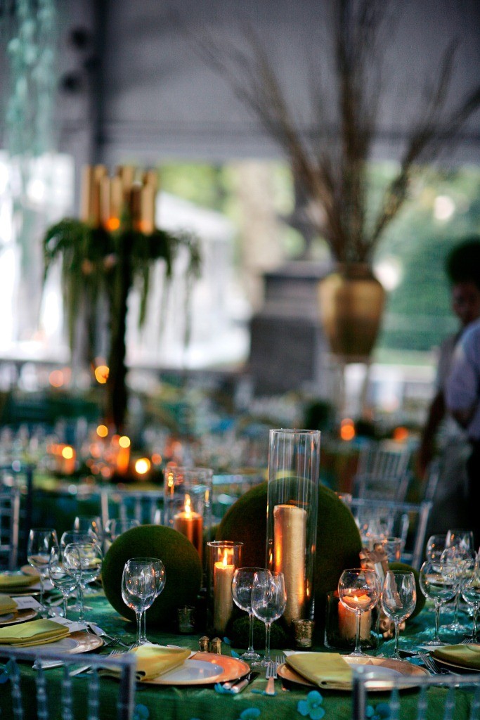 Dinner Table Settings Moss Gold Candles Aqua Blue Linens Event Planners Philadelphia Tents