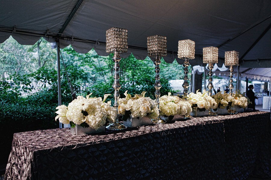 Entrance Tent Decor Pewter Linens Crystal Lamps White Flowers Philadelphia Party Planners