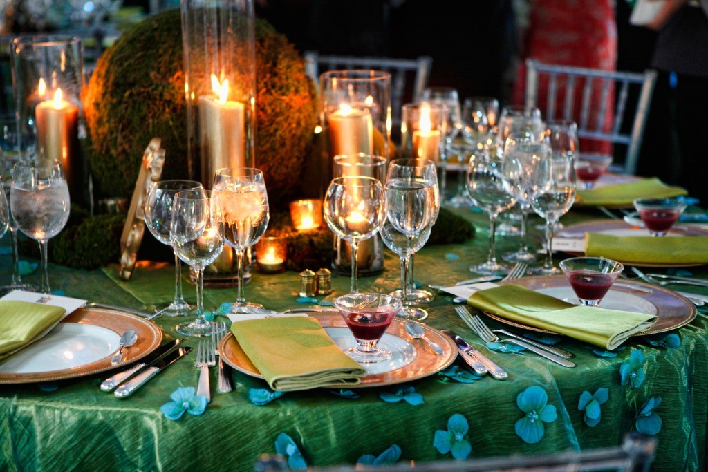 Floral Centerpiece with Moss Balls Metallic Gold Candles Evantine Design Party Planners in Philadlephia