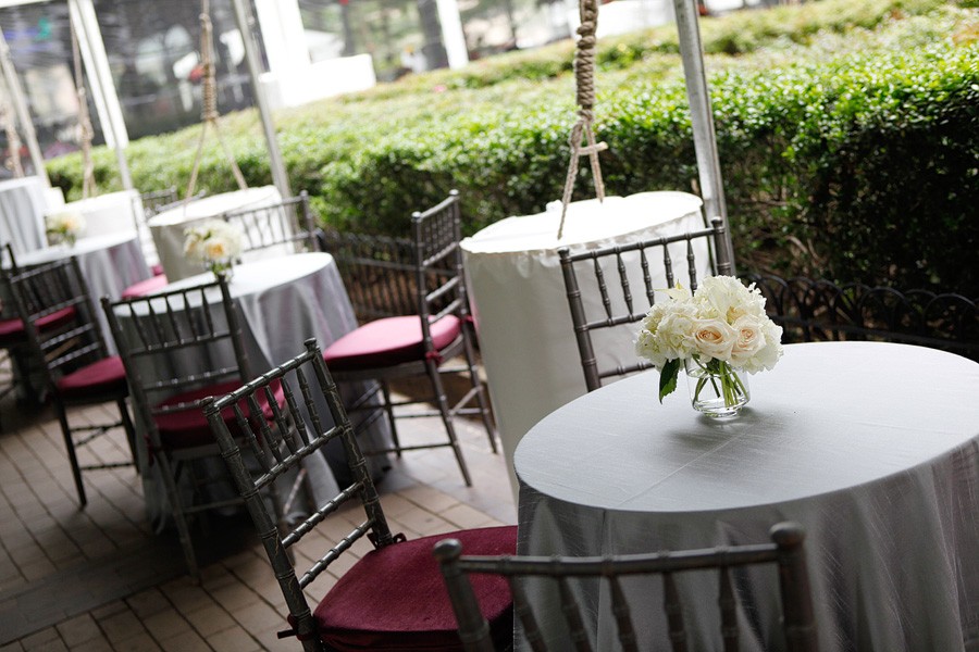 Gray Silk Linens Pewter Crackle Chairs Plum Cushions White Flowers Cocktail Party Decor