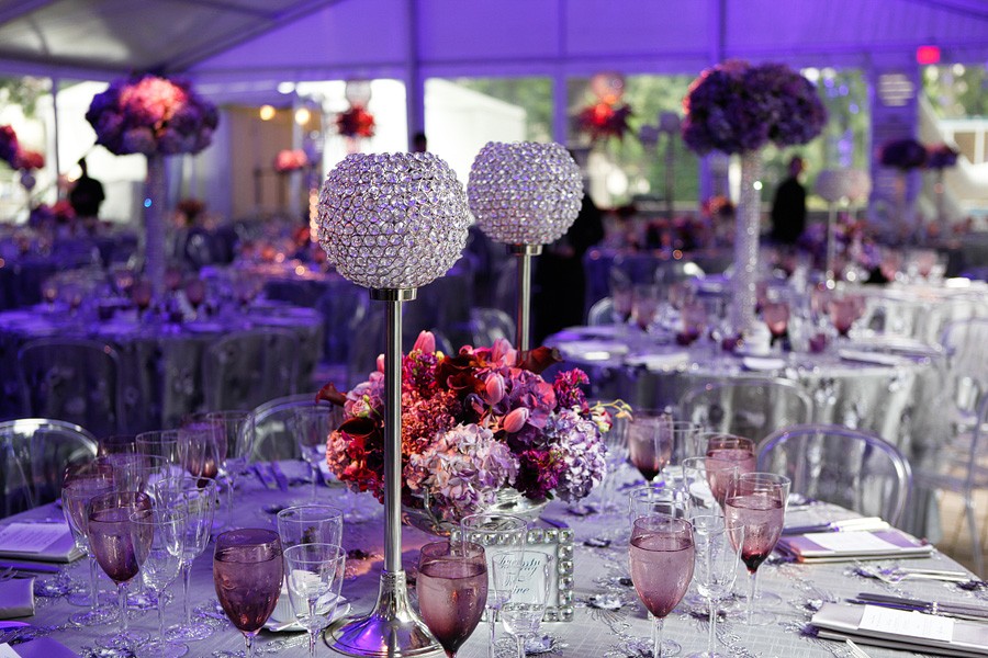 purple and silver event design crystals hydrangea purple lighting