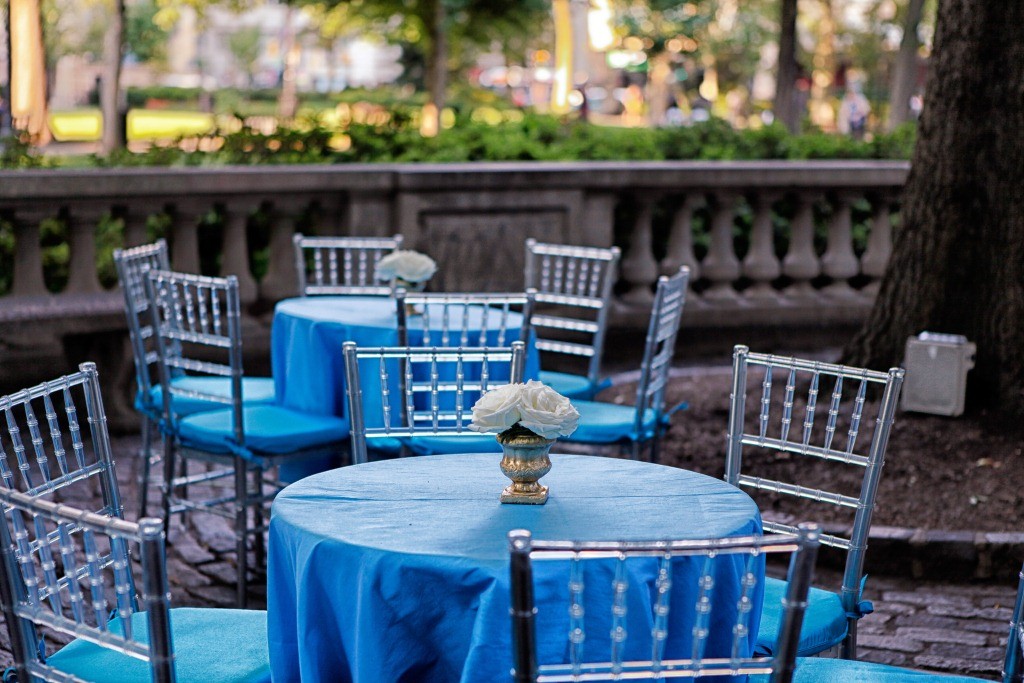 Sky Blue Taffeta Linens Cocktail Tables Gold Urns White Roses Summer Party Decor