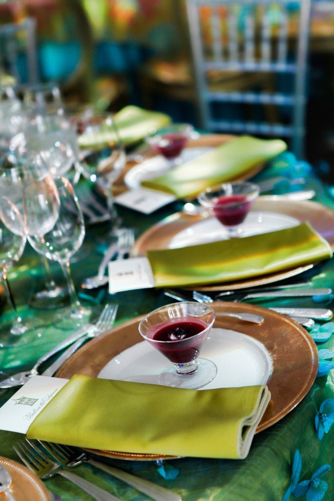 Table Settings Green Satin Napkins Gold Chargers Green and Blue Embroidered Linens Philadelphia Gala Events