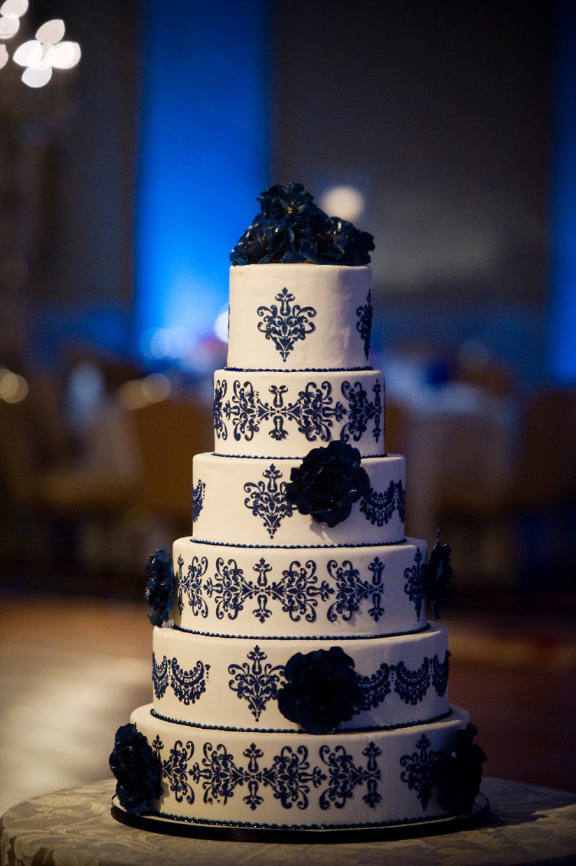 blue and white wedding cake ritz carlton hotel philadelphia wedding planners
