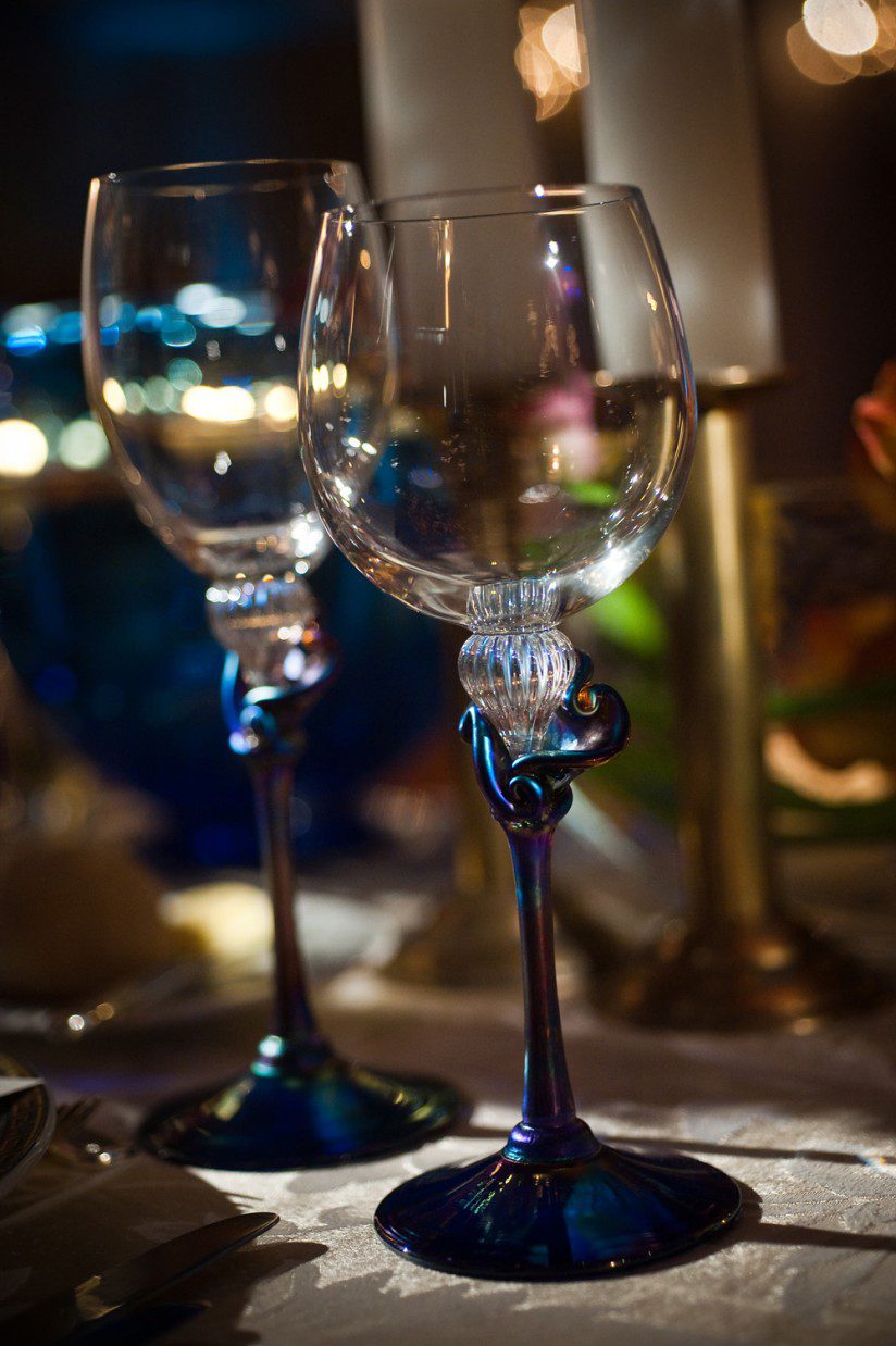 bridal stemware handblown blue glass made by the groom
