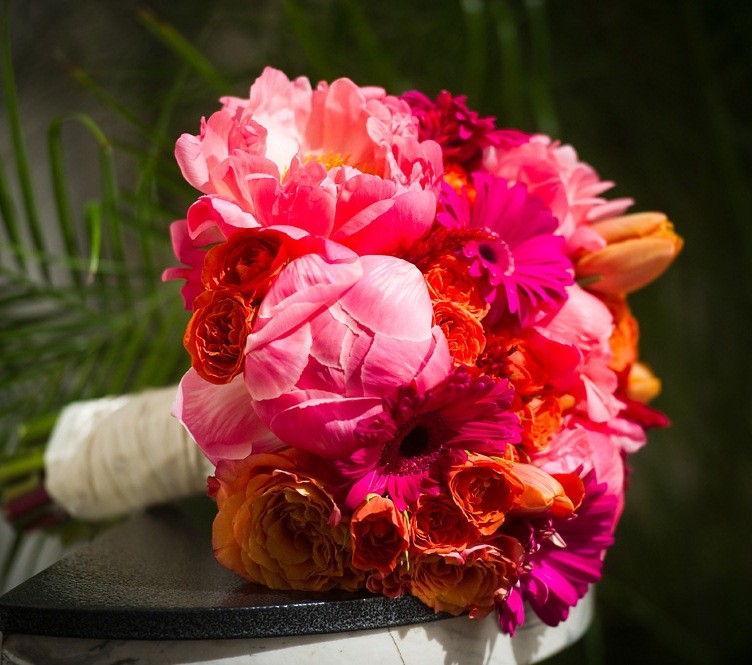 coral orange hot pink bridal bouquet evantine design