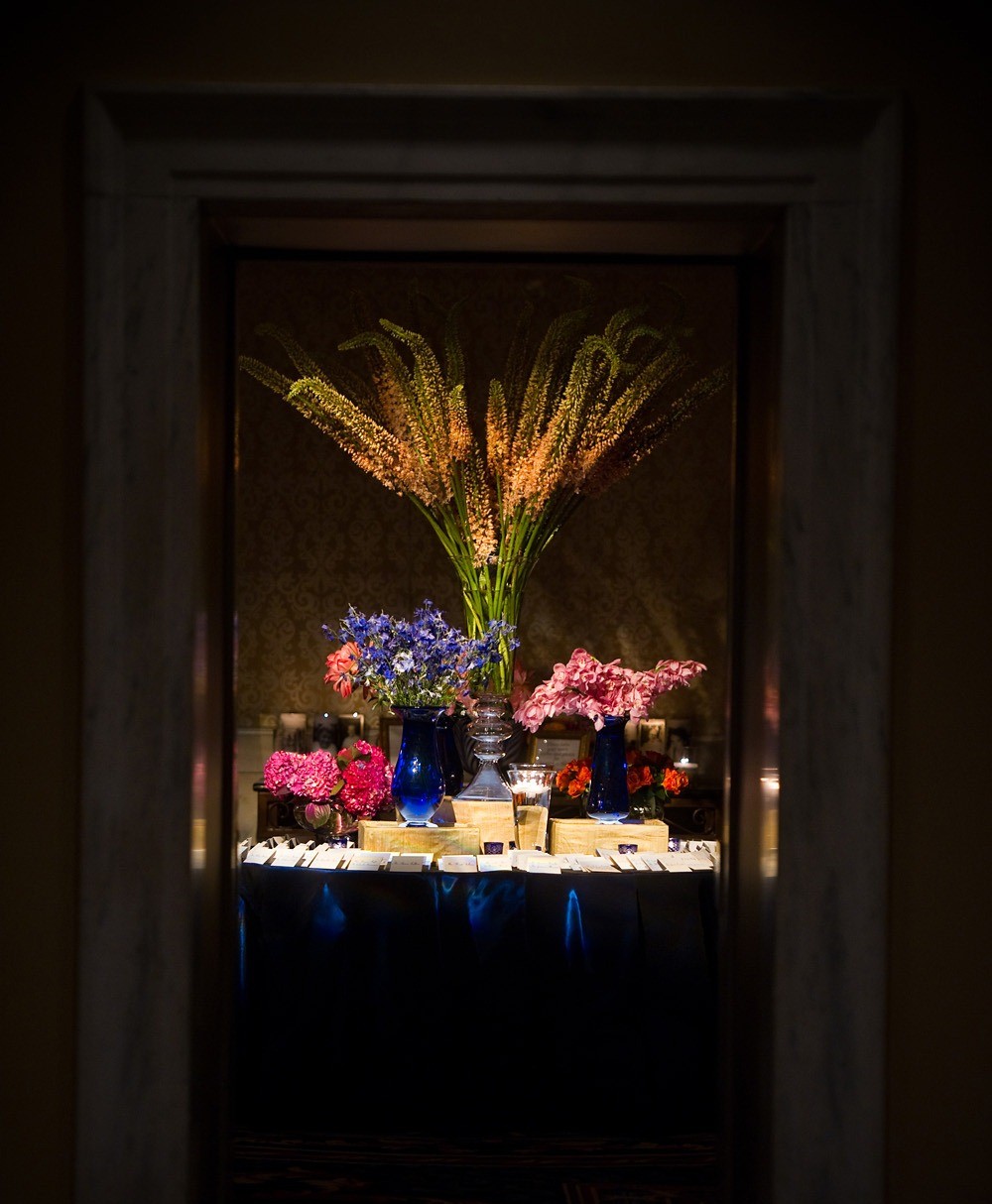 Placecard Table Arrangement Blue Taffeta Summer Flowers