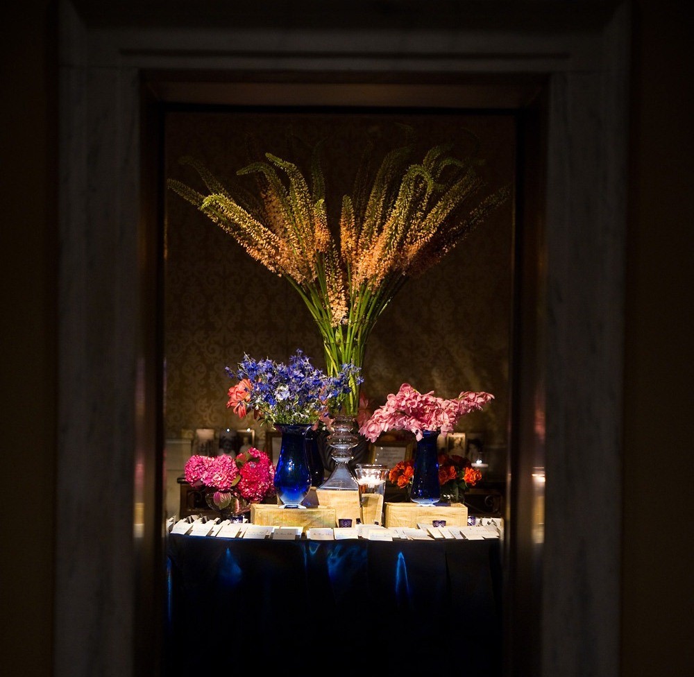 Placecard Table Arrangement Blue Taffeta Summer Flowers