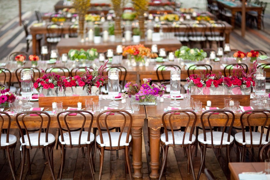 Brightly Colored Weddings Wooden Tables Bistro Chairs Plank Floors Evantine Design