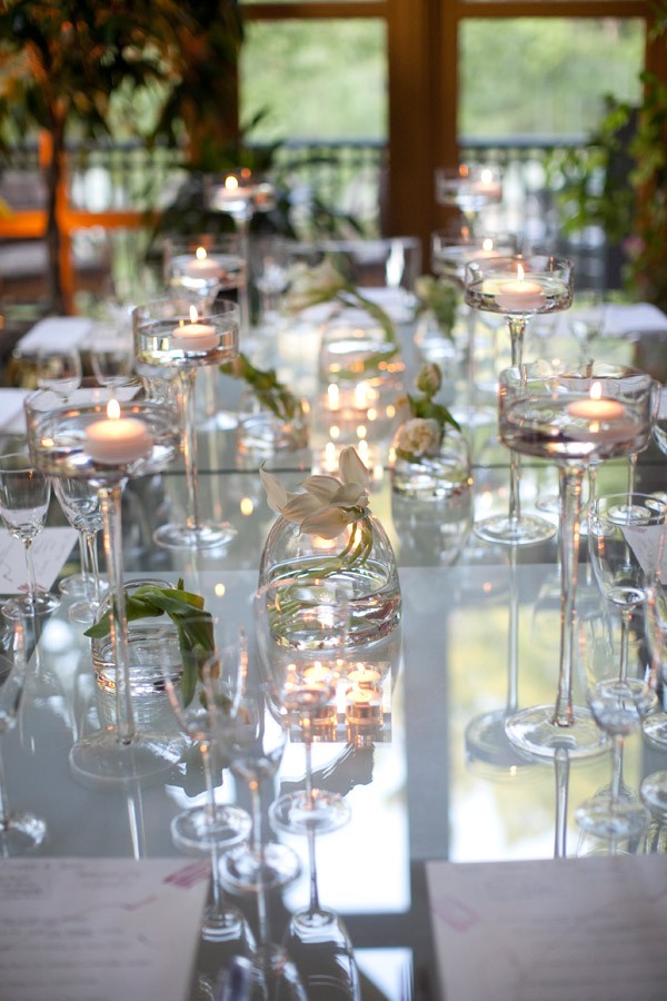 Glass Dinner Tables Floating Candles White Orchids