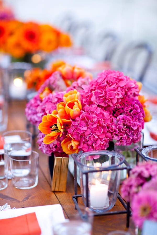Hot Pink and Orange Centerpieces Outdoor Weddings Evantine Design