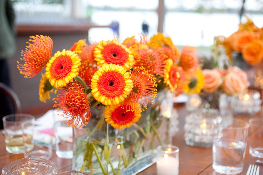 Orange Centerpieces Gerbera Daisies Protea Roses Orchids