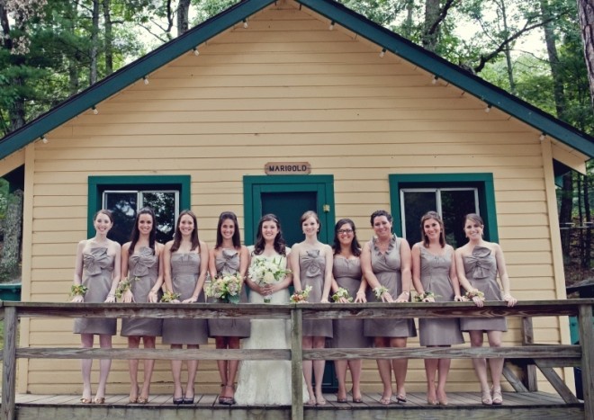 Bridal Party Photo Cabin Marigold Pine Forest Camp Weddings Pennsylvania Country Weddings