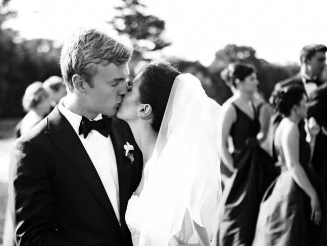 Bride and Groom Kiss Bridal Party Pictures Country Club Weddings Peter Van Beever