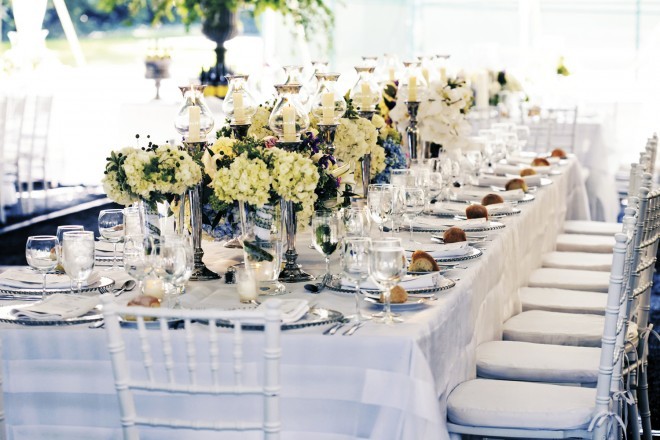 Classic Outdoor Weddings Blue and White Centerpieces Hydrangea Summer Tented Weddings