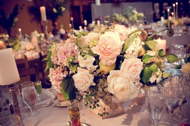 Garden Roses Fiddlehead ferns china berries whole pears hydrangea hosta evantine design