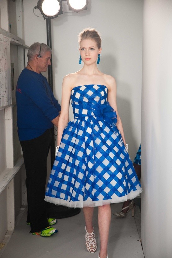 oscar de la renta resort 2013 cobalt blue short check dress