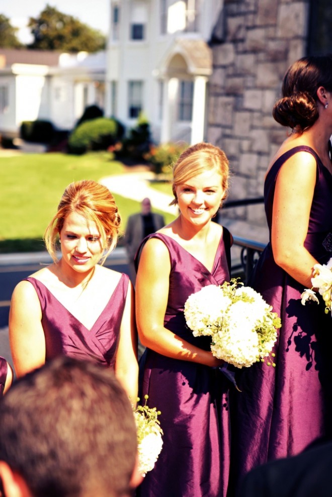 Purple Bridesmaids Dresses White Hydrangea Bridal Bouquets Evantine Design